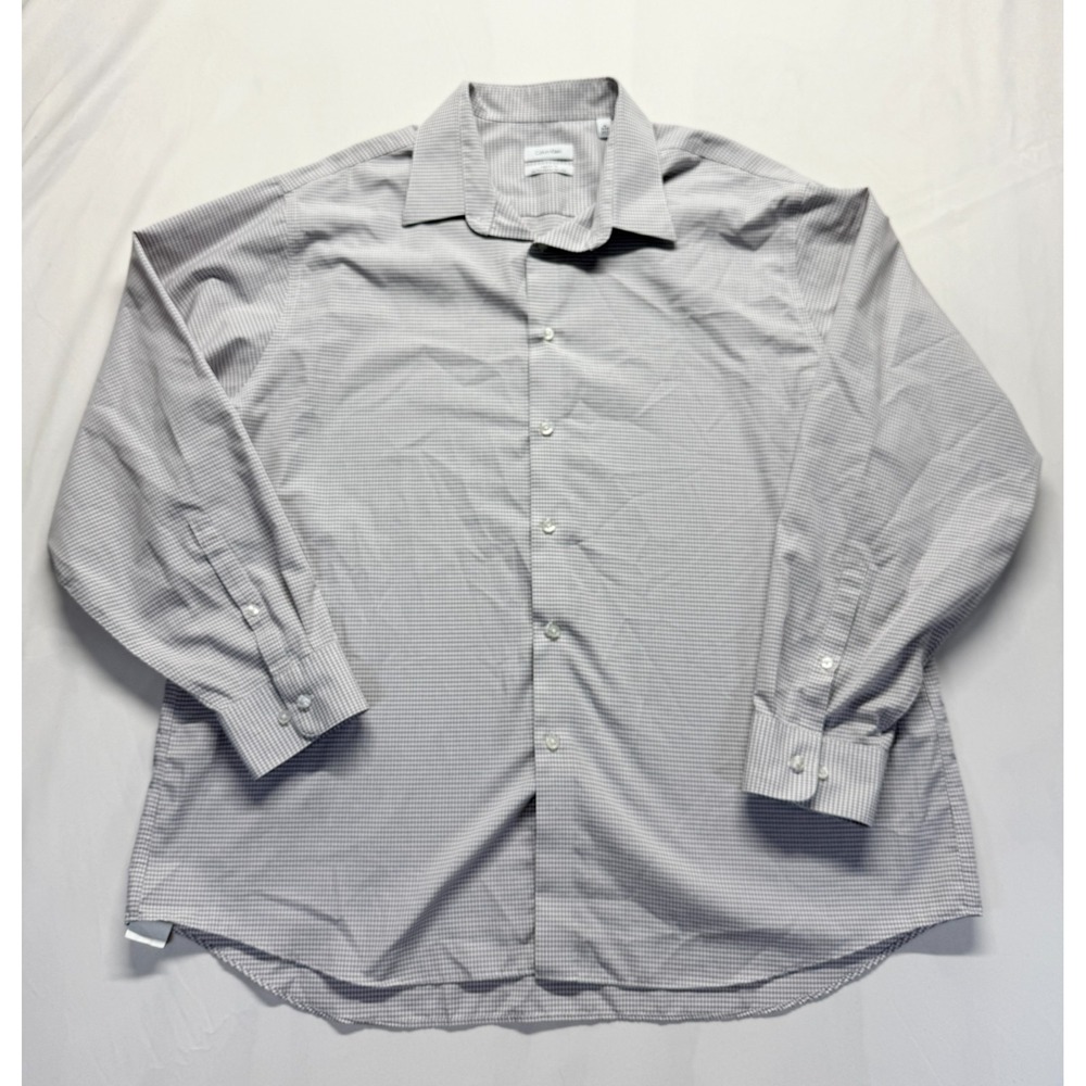 Calvin Klein Dress Shirt Mens 18 34/35 Gray White‎ Gingham Performance Non Iron
